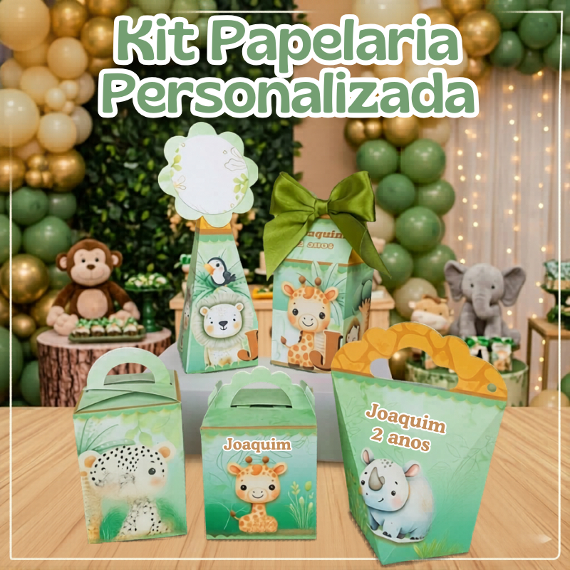 Kit Festa 5 Modelos Caixinhas Tema Aniversário SAFARI Personalizadas com Nome e Idade - Lembrancinha