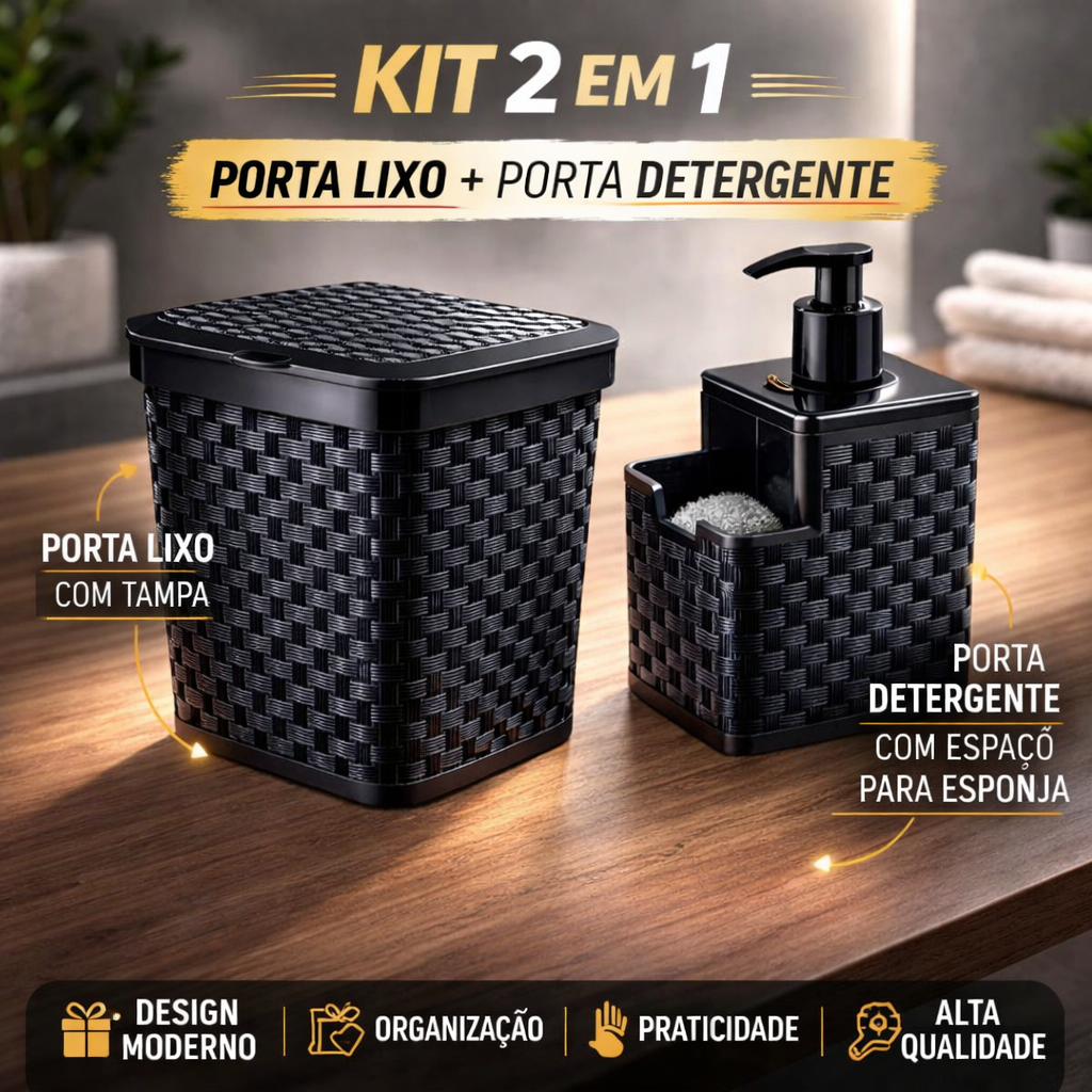 Kit Cozinha 2 em 1 Lixeira Rattan  5L Porta Detergente Prático Premium Resistente Moderno