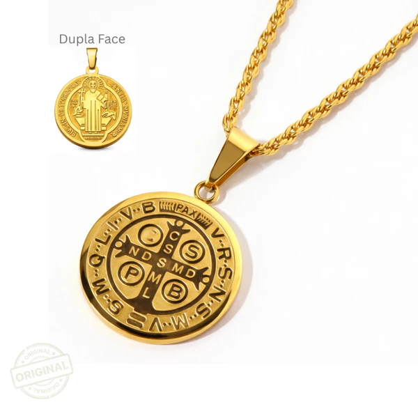 Colar Aço inoxidável com Pingente Medalha de São Bento Dupla Face Banhado a Ouro 18K Aço Cirúrgico