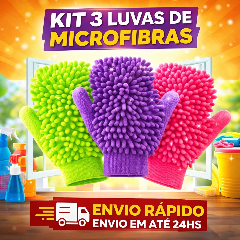 KIT 3 Luvas de  Microfibra Limpeza Multiuso Automotiva Doméstica Não Risca Super Absorvente Polimento Carro
