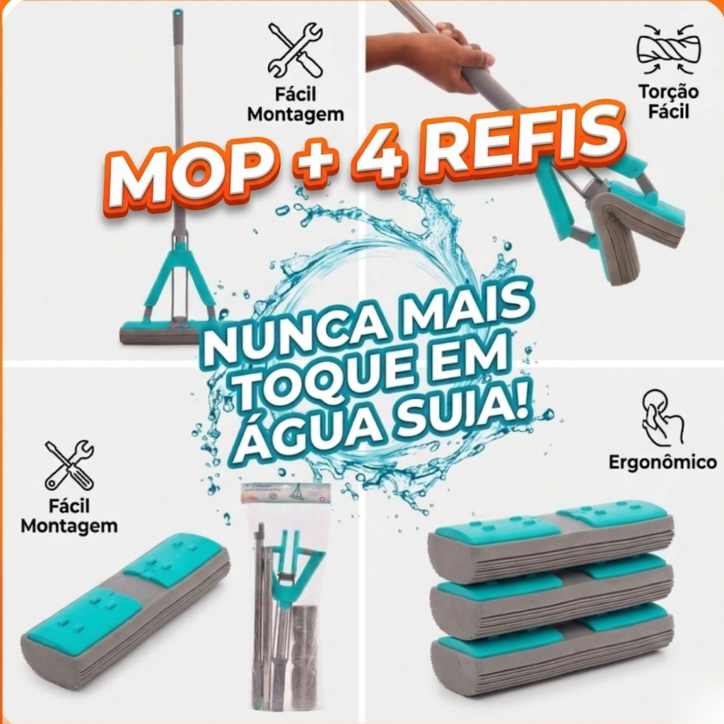 Mop + 4 REFIS Mop Rodo Mágico Dobrável Absorvente Limpeza Vidros Chão Inox Retrátil + 4 REFIS