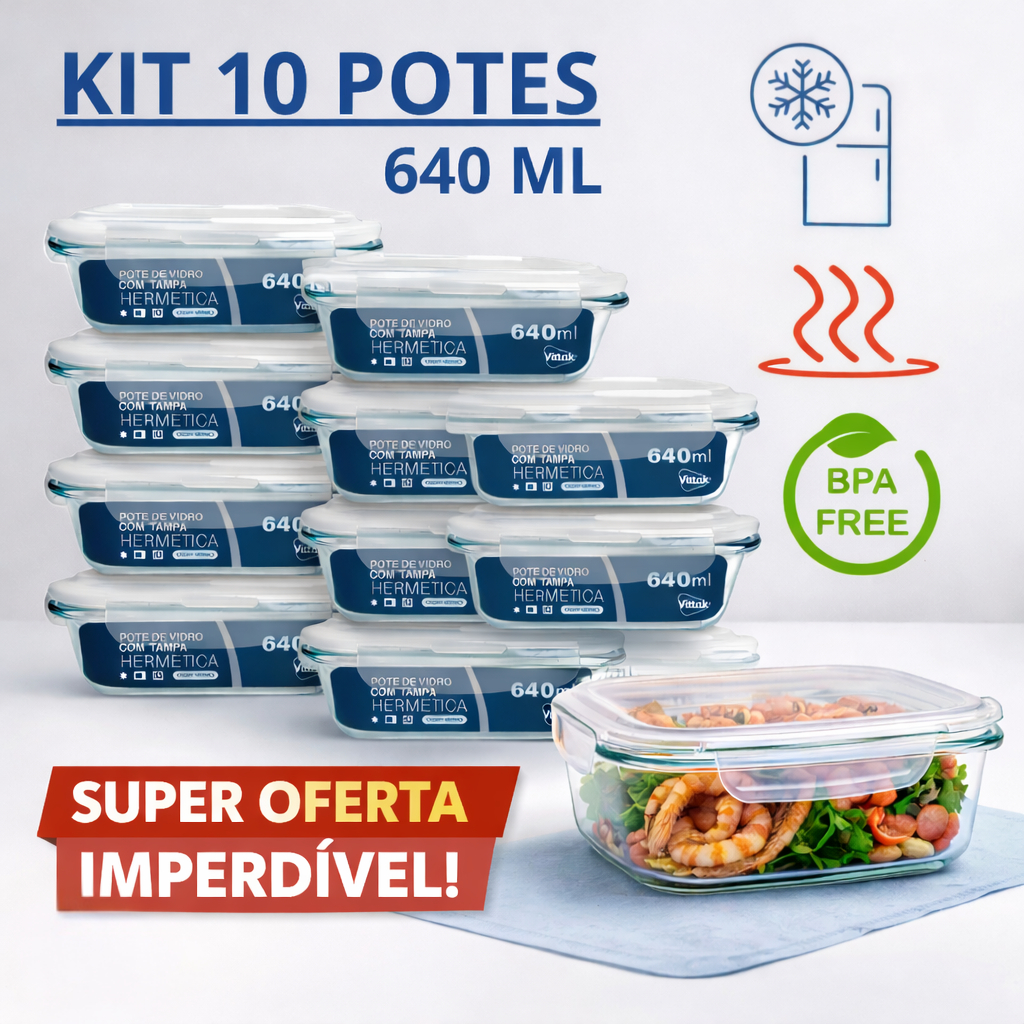 Vittak Kit 10 Potes de Vidro 640ml Hermético Marmita Fit com Tampa 4 Travas
