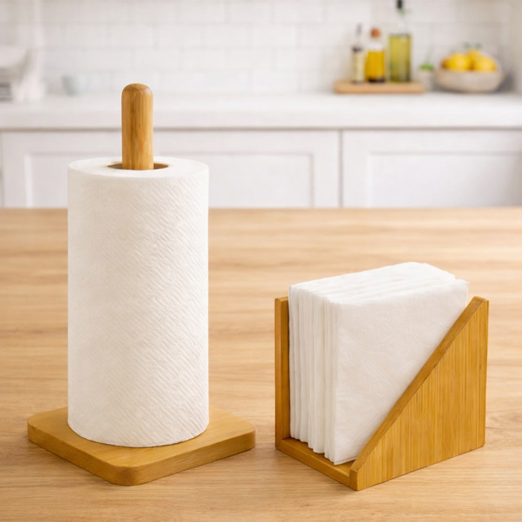 Kit Bambu Porta Guardanapo + Suporte de Papel Toalha Grande para Mesa Bancada Cozinha ENVIO IMEDIATO