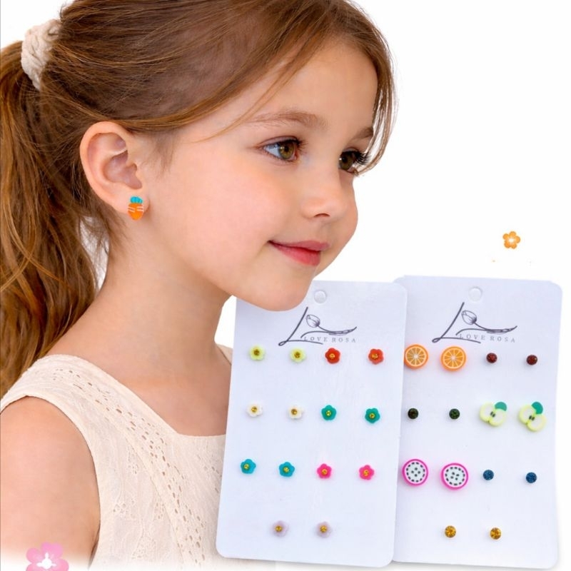 Brinco infantil delicado cartela com 14 pares colorido