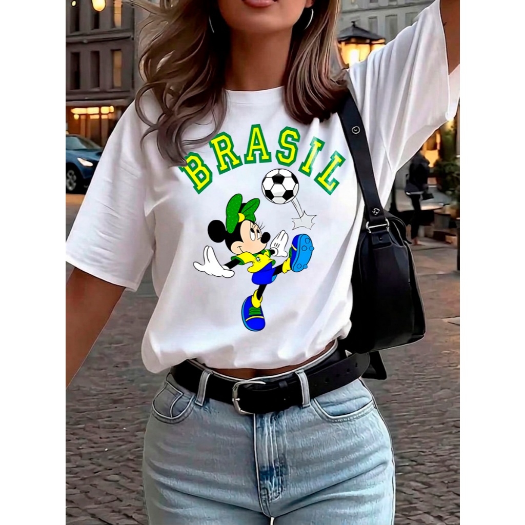 Camiseta Feminina Minnie do Brasil 100% Algodão Super Macia Estilo Copa 4 Cores P ao GG