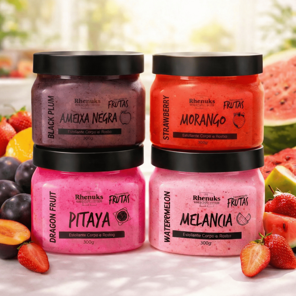 Kit 4 Esfoliantes Corporais Rhenuks 300g Ameixa Negra, Morango, Pitaya e Melancia