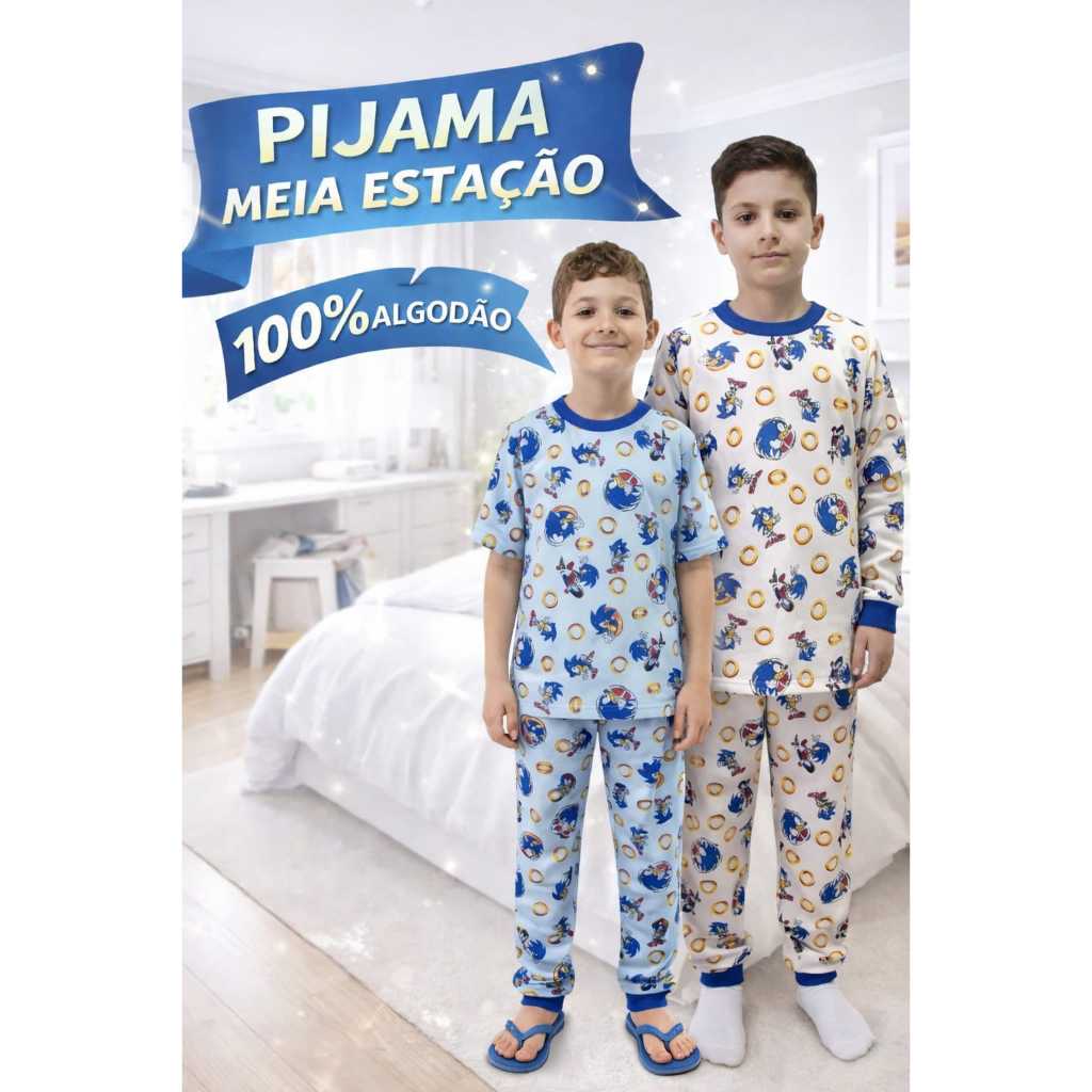 Pijama Menino Personagem Manga Curta e Calça Algodão Inverno