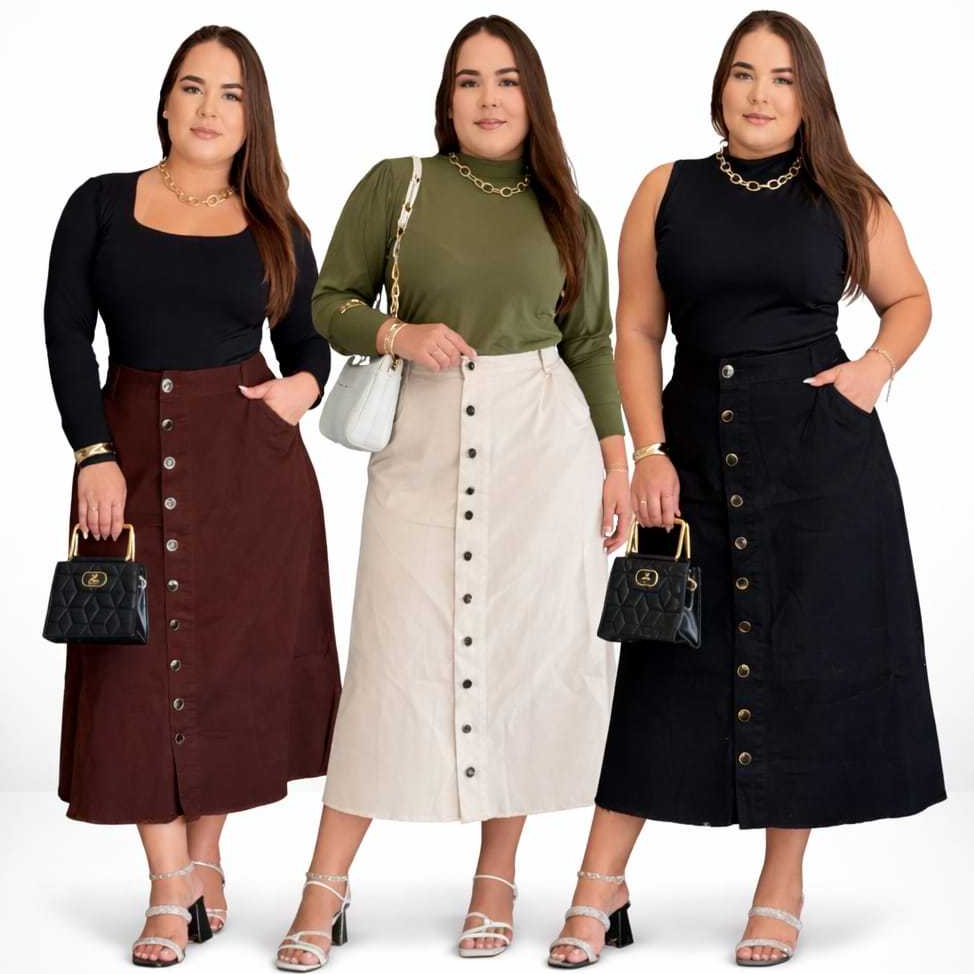 Saia Longa Feminina Moda Evangélica em 100% Jeans Plus Size Barra Desfiada Cores e Modelos Variados