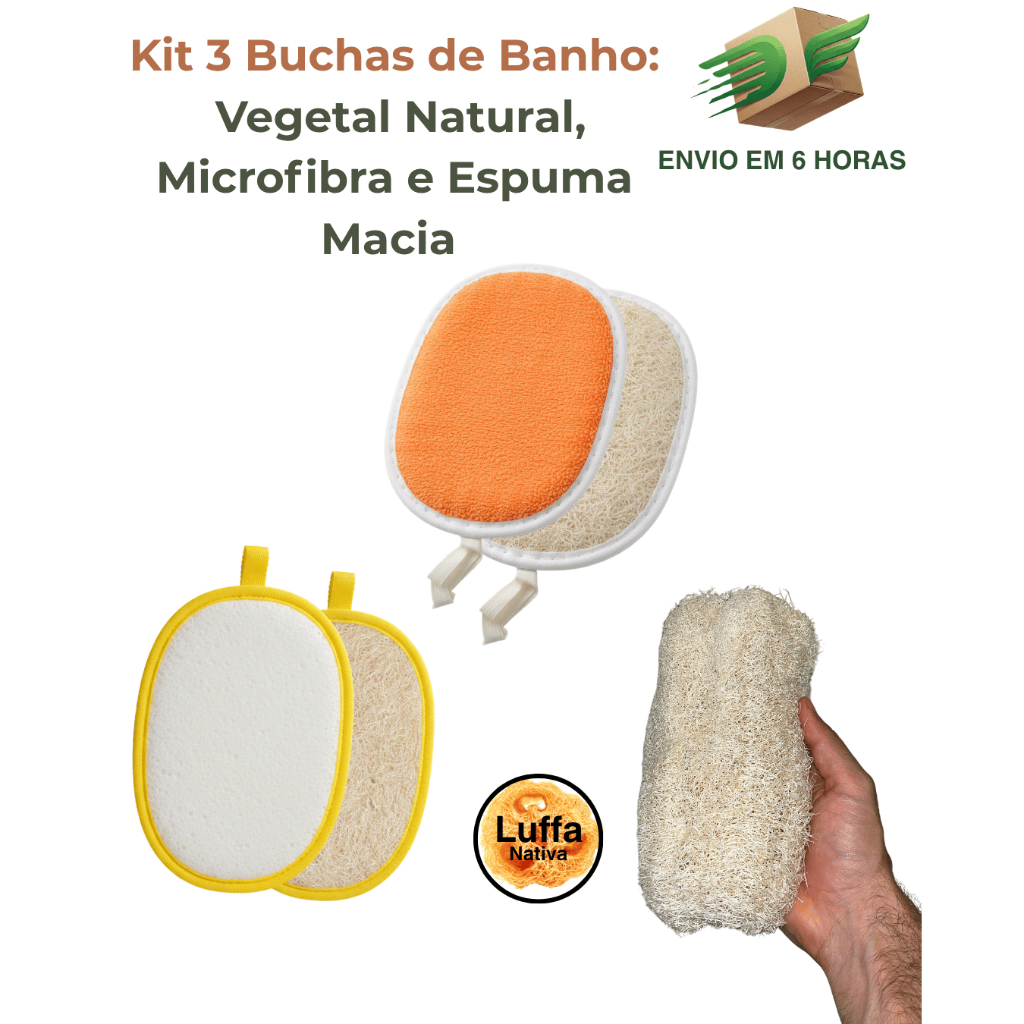 Kit 3 Buchas de Banho: Vegetal Natural, Microfibra e Espuma Macia | Esfoliante Luffa Nativa