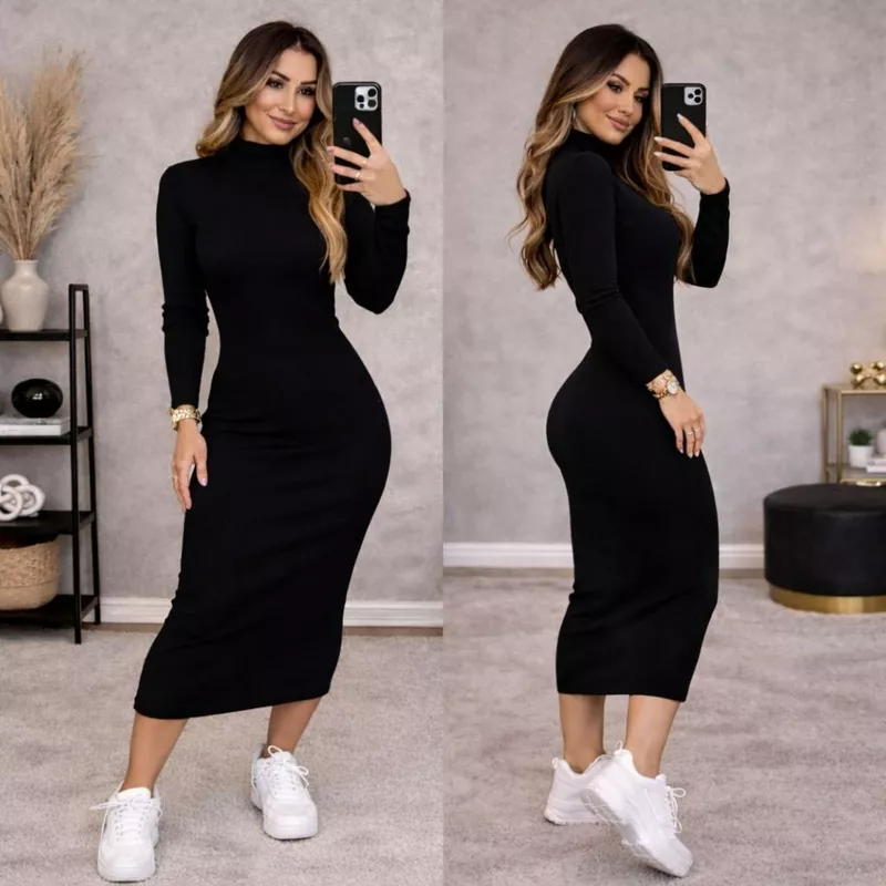 Vestido Feminino Midi Manga Longo Canelado Elegância e Conforto e Estilo Frio Inverno Moda Gringa