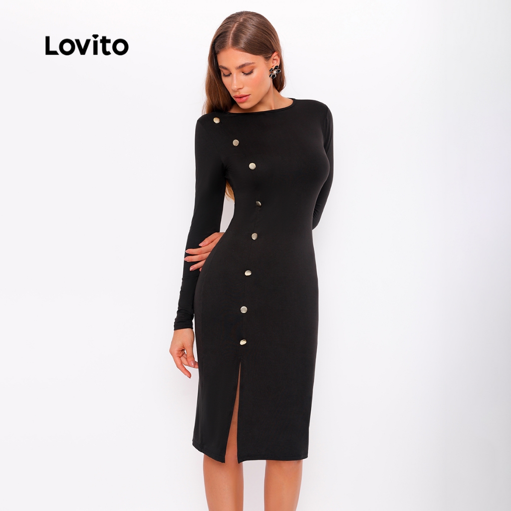 Lovito Vestido Tubinho com Manga Longa e Botões na Lateral DRB459BRL488BK