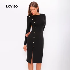 Lovito Vestido Tubinho com Manga Longa e Botões na Lateral DRB459BRL488BK