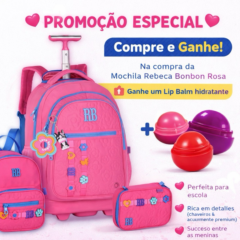 Kit Universitário Escolar Mochila Rebecca Bonbon Rodinhas Estojo Box Lancheira Térmica RB Alças