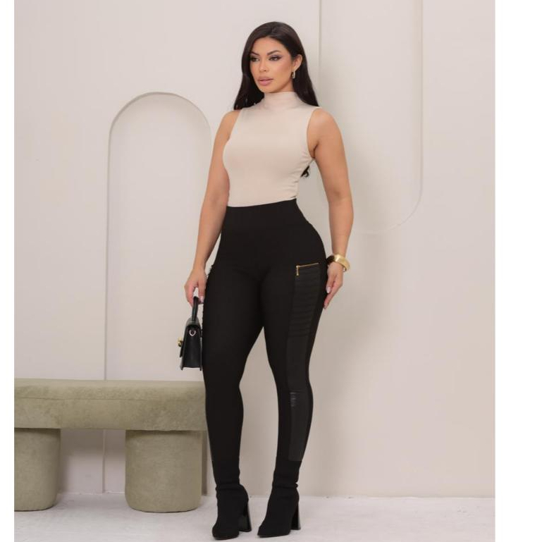 Calça Preta Montaria Gorgurinho Leggings Cintura Alta Com Couro Sintético