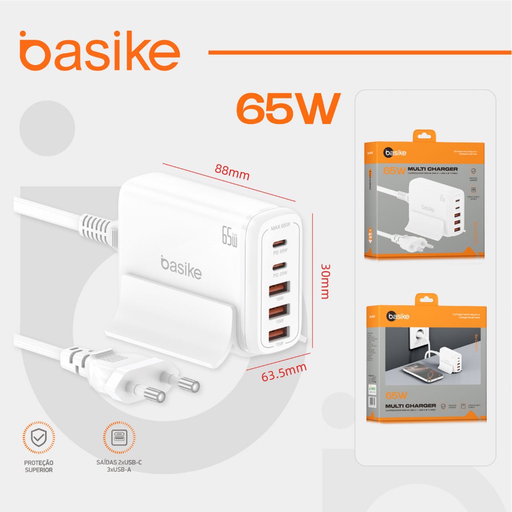 Carregador de Mesa Basike GaN 65W Turbo 5 em 1 com 3 USB — foto 9