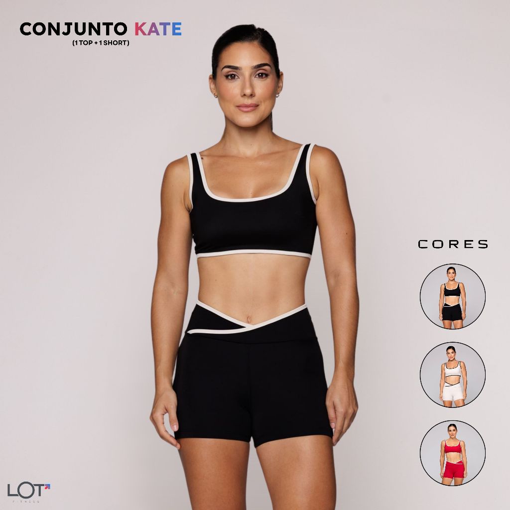 Conjunto Academia Kate Fitness Feminino Top Alta Sustentação e Short Cós Cruzado Afina Cintura