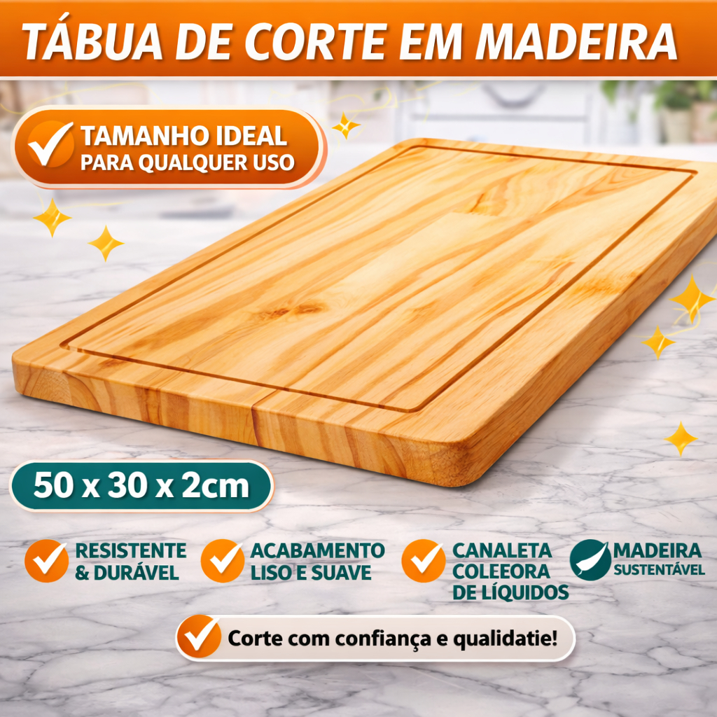 Tábua de Corte Madeira 50x30x2cm com Canaleta Ideal para Churrasco Cozinha e Legumes