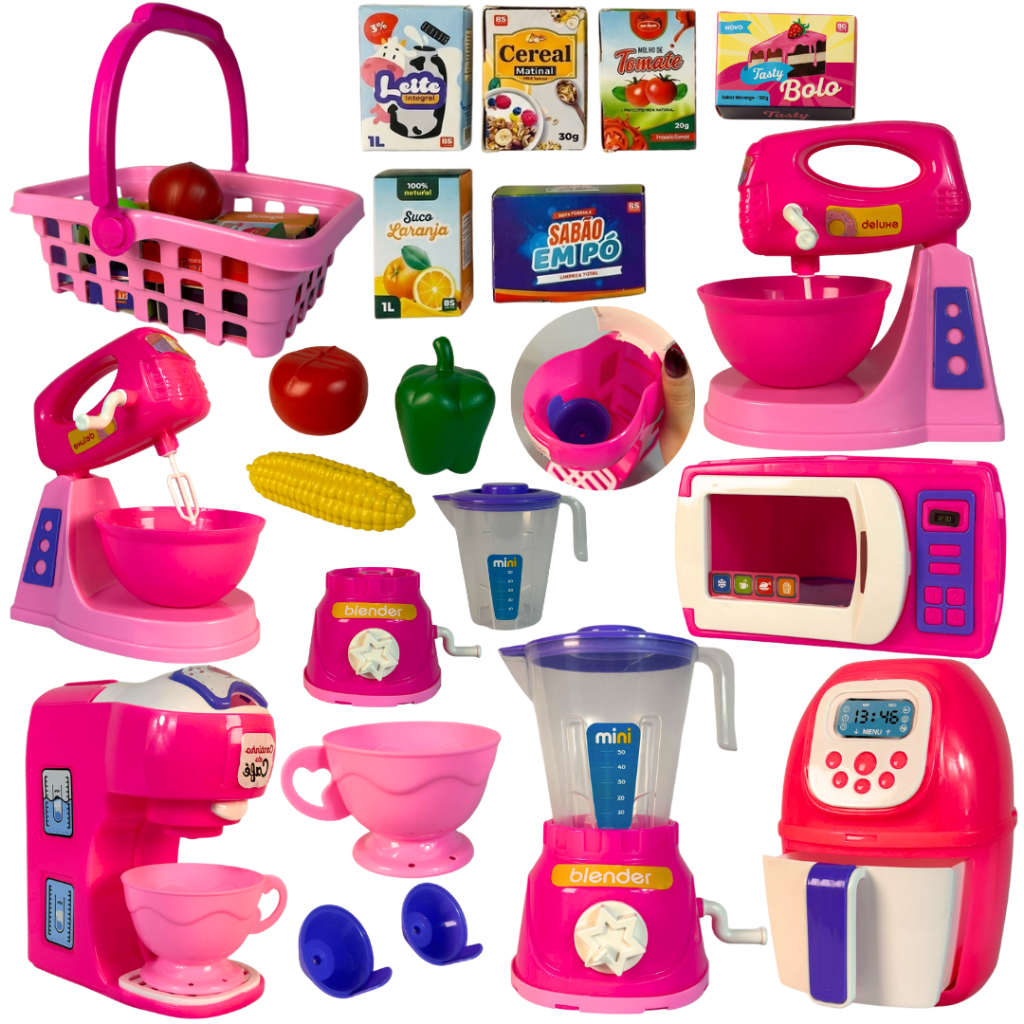 Kit Cozinha Completa Eletrodomésticos + Acessórios Batedeira Liquidificador Rosa Infantil