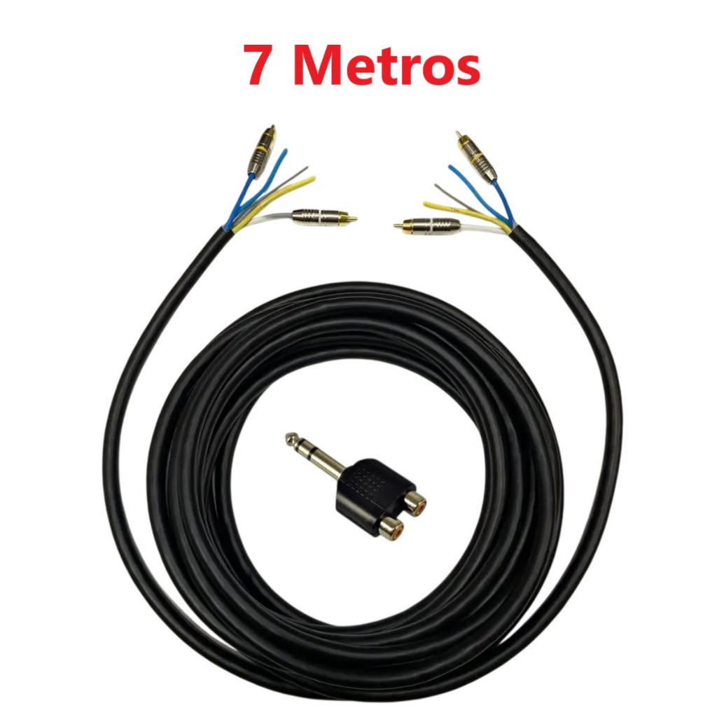 Cabo Rack RCA 5 Vias 7 metros 100% Cobre Som Automotivo Trio Paredão + 4 Conectores RCA