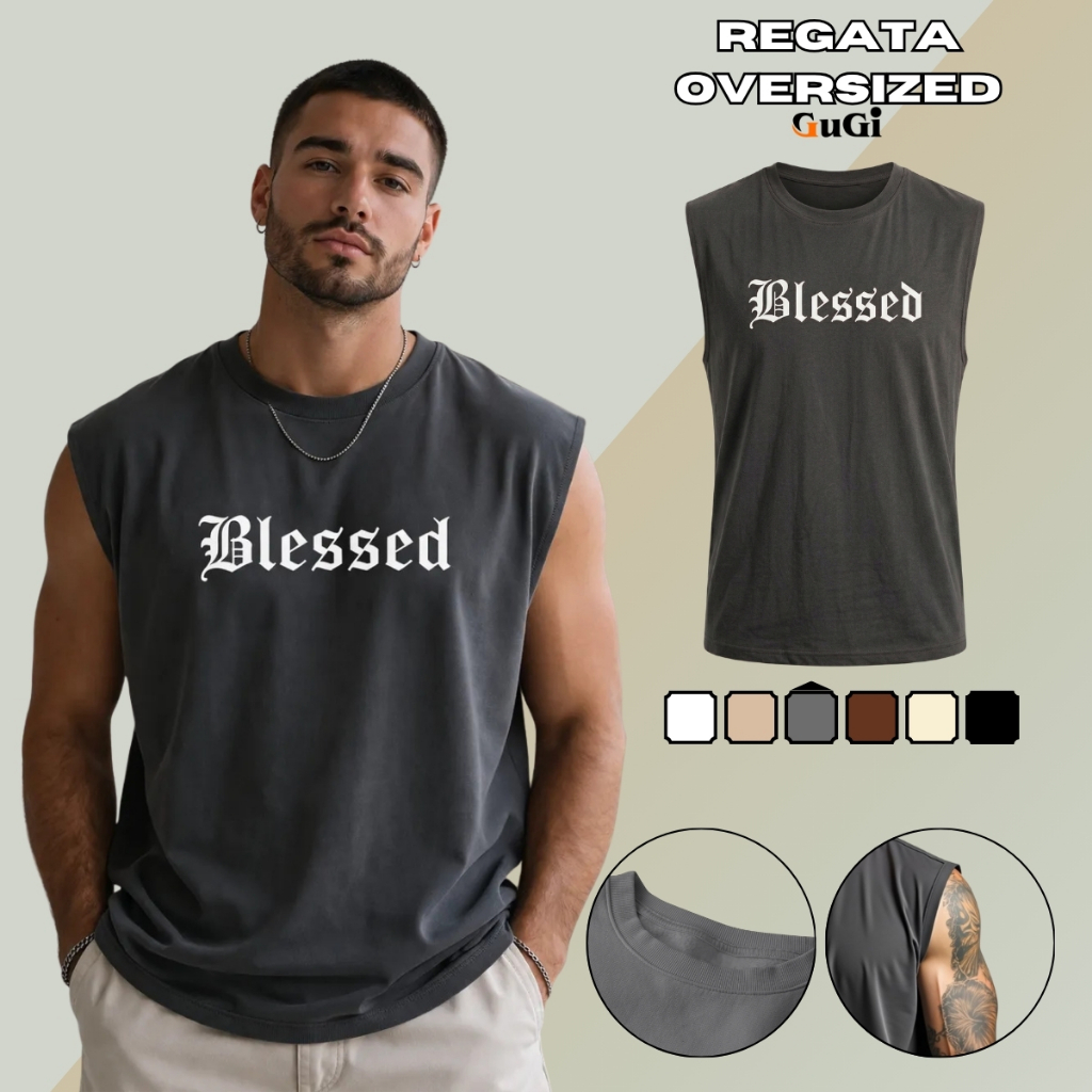 Regata Machão Masculina Muscle GuGi Estampa Blessed Algodão Premium Camiseta Cavada Casual Fitness