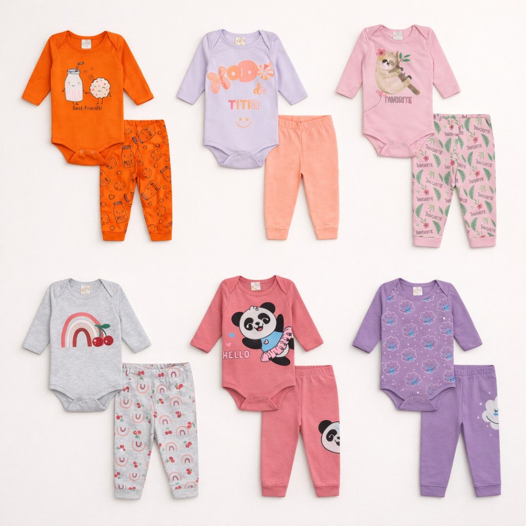 Kit Body e Calça Bebê Menina Inverno 10 Peças 5 Conjuntos Algodão Suedini Ribana RN ao GG