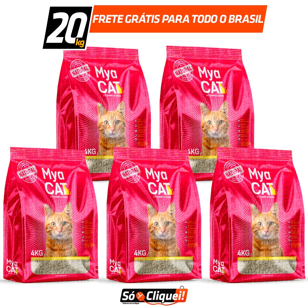 Kit 5 Pacotes Areia Sanitária de Mandioca Mya Cat 20KG Granulado Higiênico de Gato Biodegradável Torrões Firmes