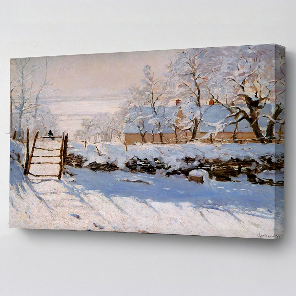 Quadro Monet A Pega – Paisagem de Inverno com Neve, Arte Impressionista Sofisticada e Minimalista