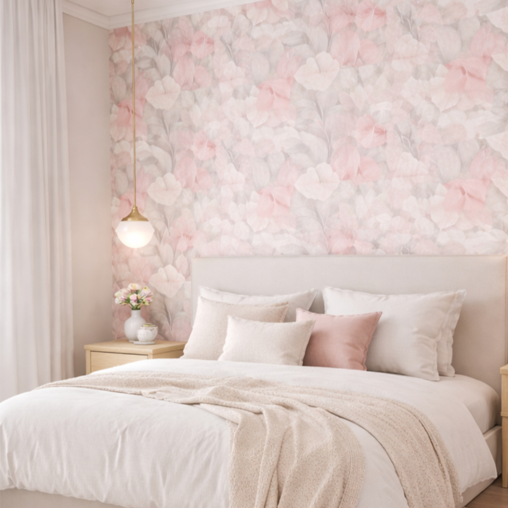 Papel de Parede Floral Rosa e Branco Adesivo | Lavável p/ Quarto e Sala | Envio Imediato