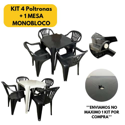 Jogo 2-4 Poltronas Plástica Preta + Mesa Plástica Quadrada Preta/Branca –Sala, Cozinha, Bar, Externa