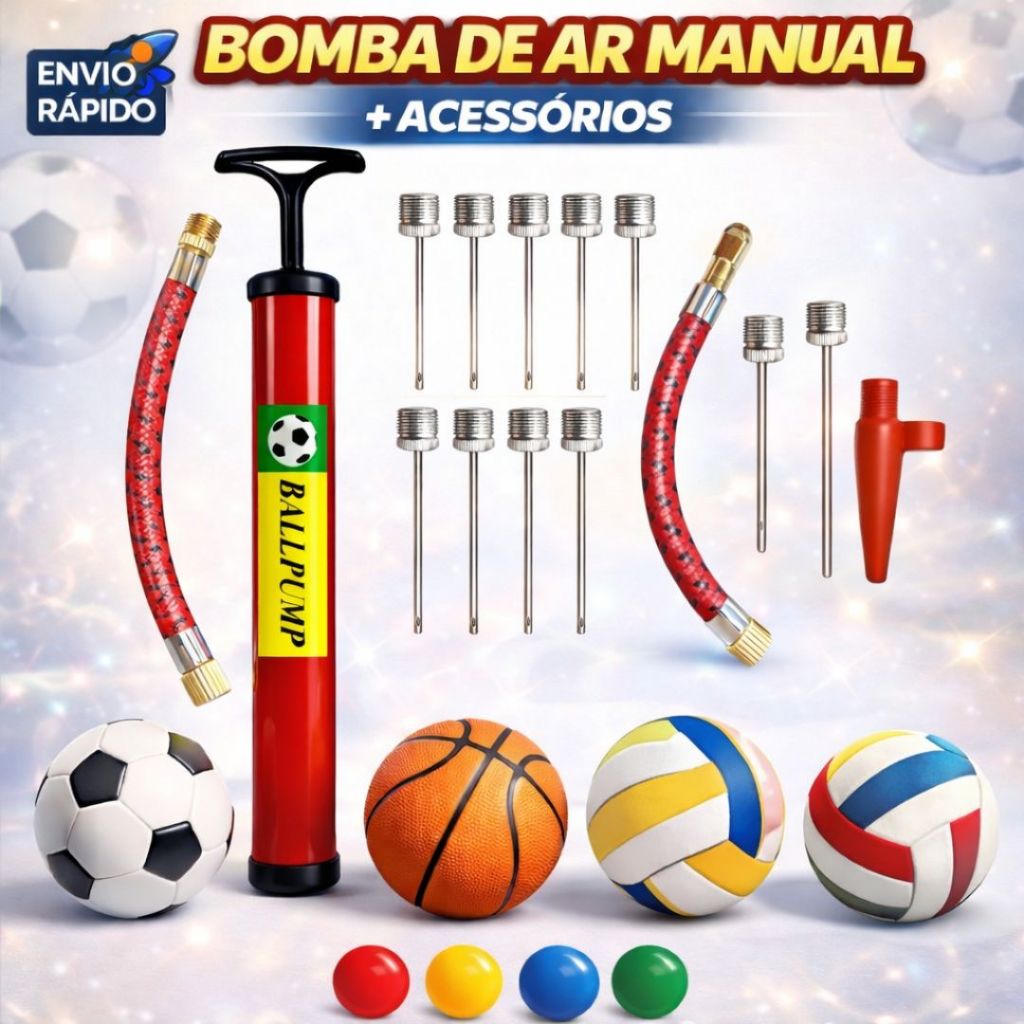 Kit Bomba de Ar com Acessórios + 10 Bicos de Metal para Encher Bolas e Bico Encher Infláveis
