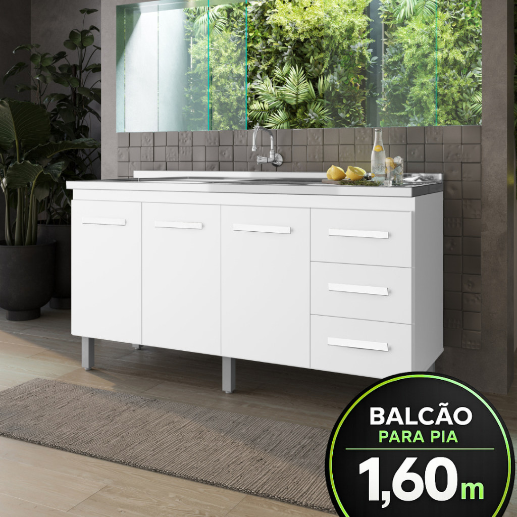 Balcão Gabinete Para Pia 160cm Emily Sem Tampo - Branco