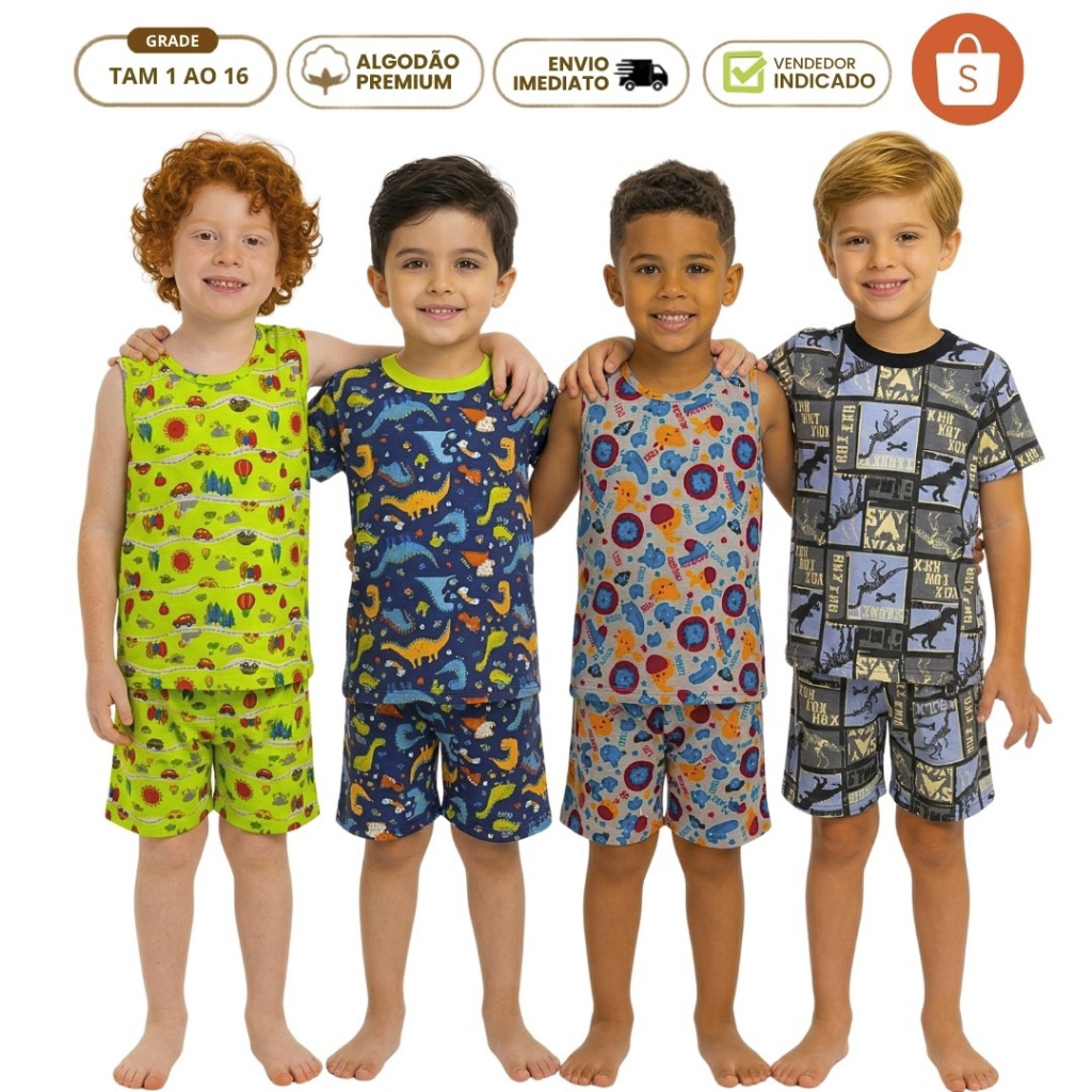 Kit 3 Pijama Verão Masculino Infantil Algodão Fresco Confortável Promoção Dino Gamer e Heróis Menino 1 ao 16 anos
