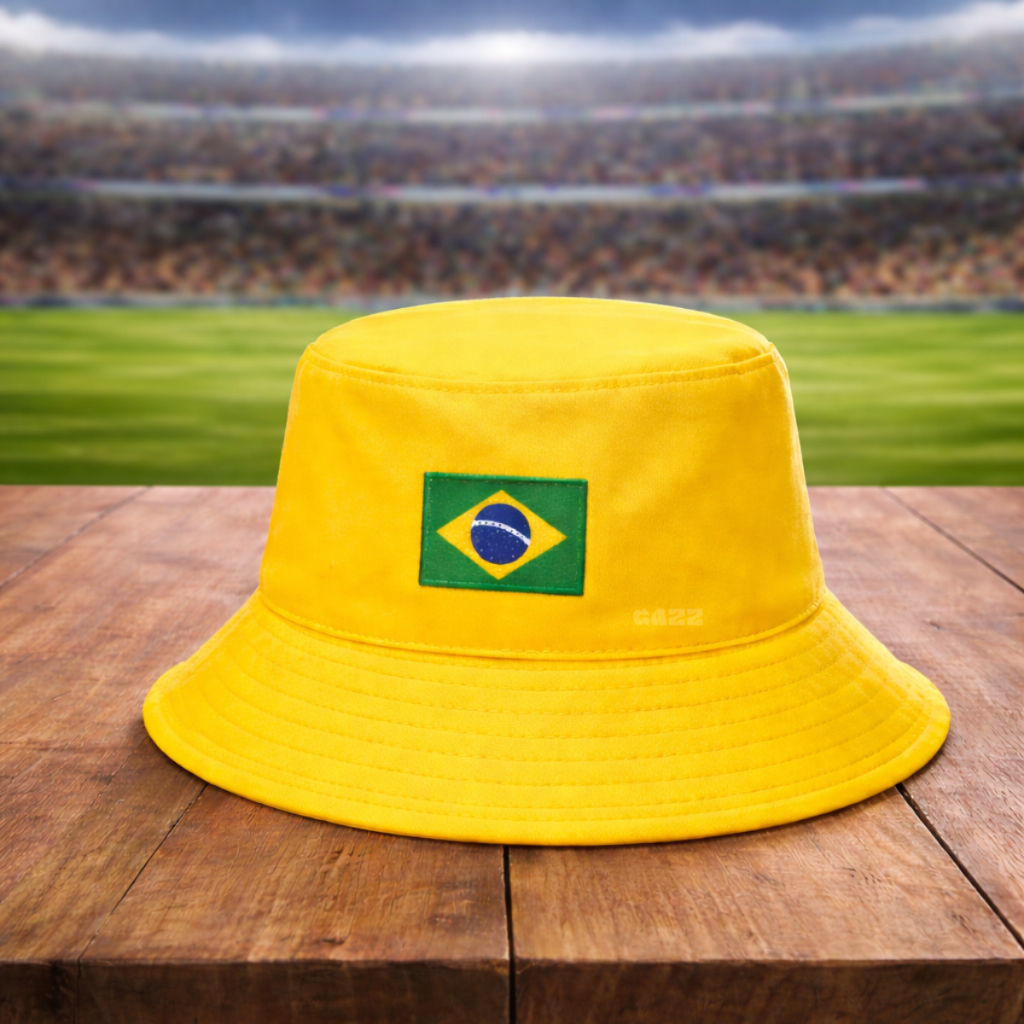 Bucket Hat Brasil Bordado Amarelo Proteção Sol Copa Mundo Confortável Ajuste 56-59cm