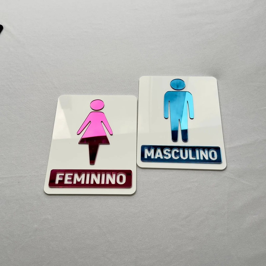 Detalhes do Placas Acrílicas Porta Banheiro Kit Masculino e Feminino 15x20cm Espelhado
