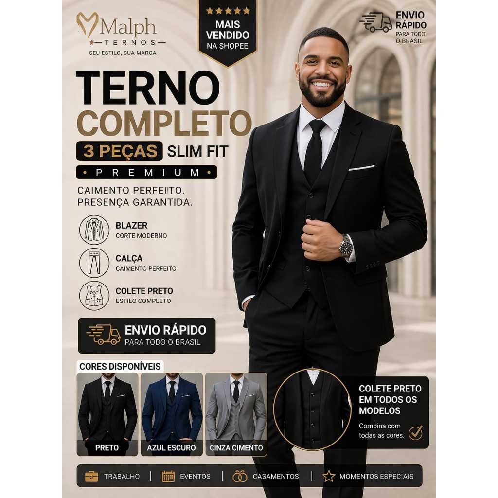 Blazer Masculino Slim Oxford + Calça + Colete com Caimento Perfeito