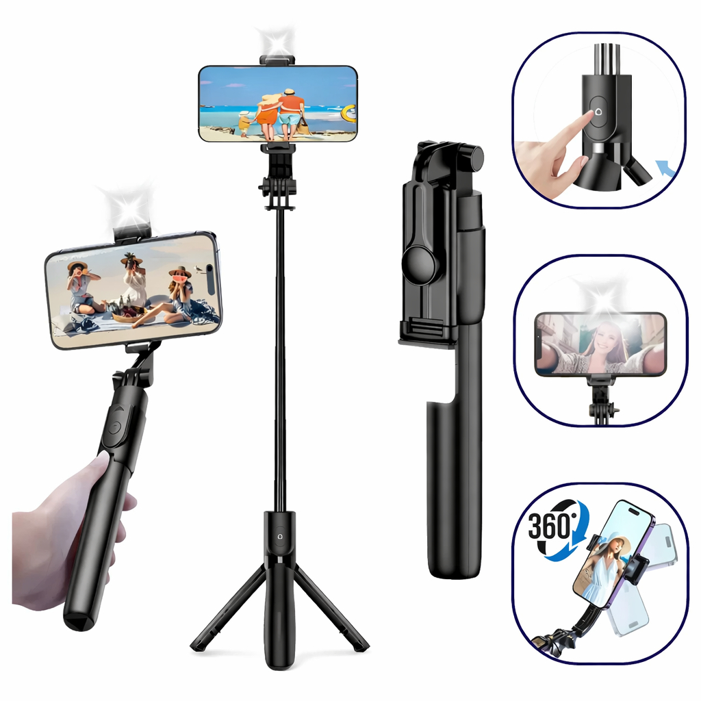 Tripé 360° Portátil com Luz LED | Estabilizador para Celular com Controle Bluetooth para Viagens, Fotos e Vídeos