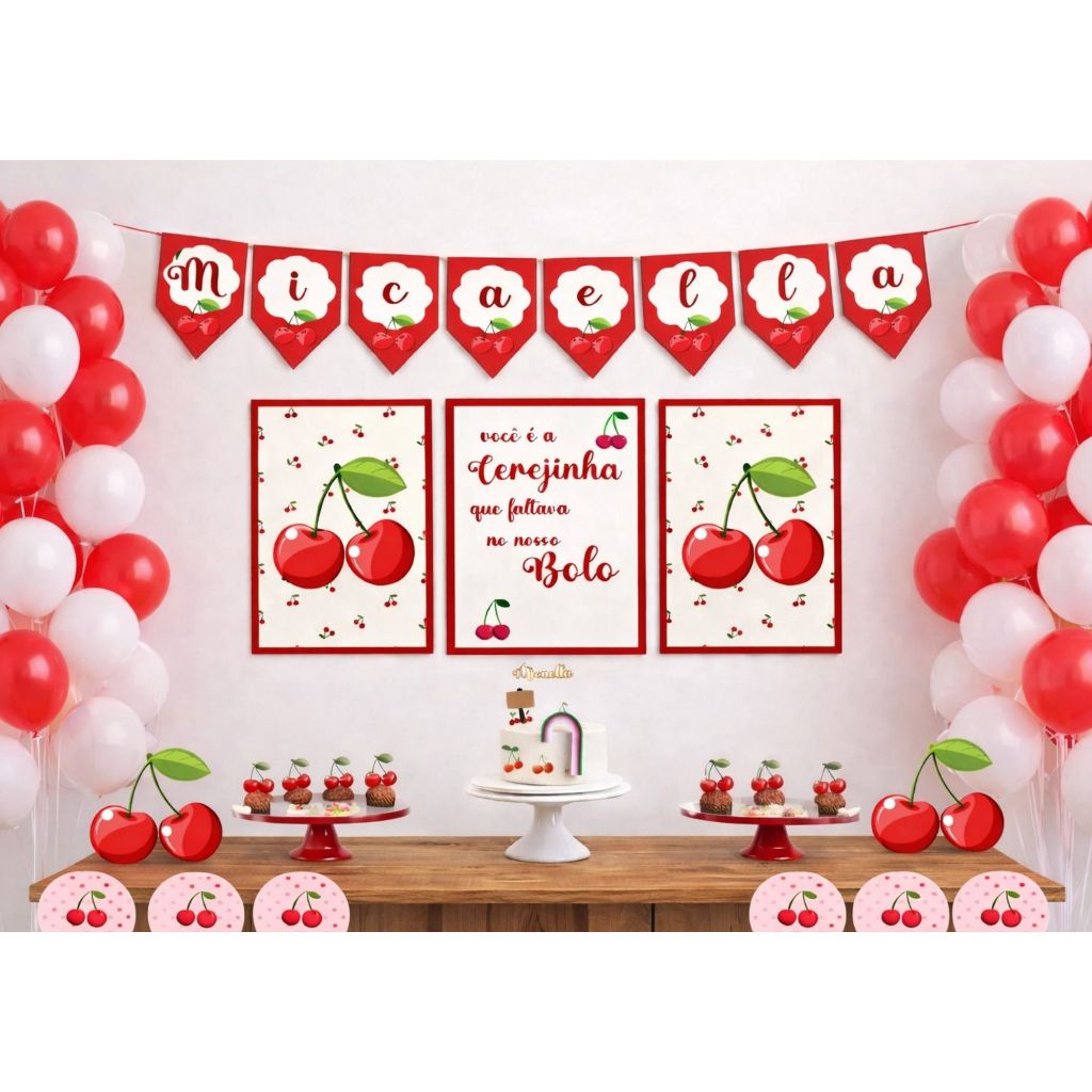 Kit Festa Cerejinha Só Um Bolinho Decoração Aniversario em casa, na escola ENVIAR NOME E IDADE NO ATO DA COMPRA NO CHAT*