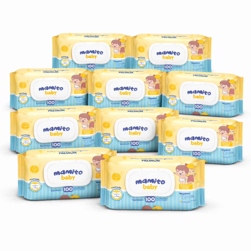 Kit com 10 Pacotes de Toalhas Umedecidas Mamito Baby Premium - 100 Folhas - 98% Água Lenço Umedecido