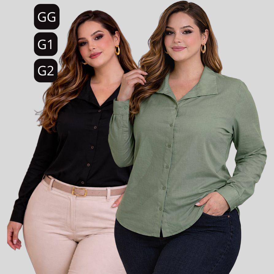 CAMISA FEMENINA PLUS SIZE CASUAL E ELEGANTE MANGA COMPRIDA TECIDO VISCOSE SARJADO LISA,LEVE E CONFORTAVEL