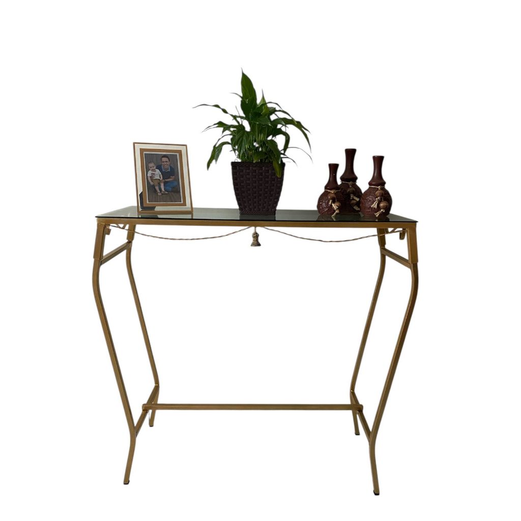 Aparador De Ferro Dourado 80 Cm Largura Com Tampo Vidro