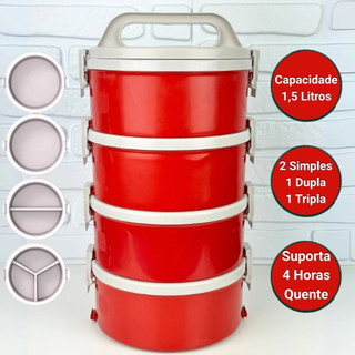 Jogo De Marmita Térmica 1,5 Litros 4 Pratos 2 Simples 1 Dupla 1 Tripla Vermelha Termoprato - Soprano