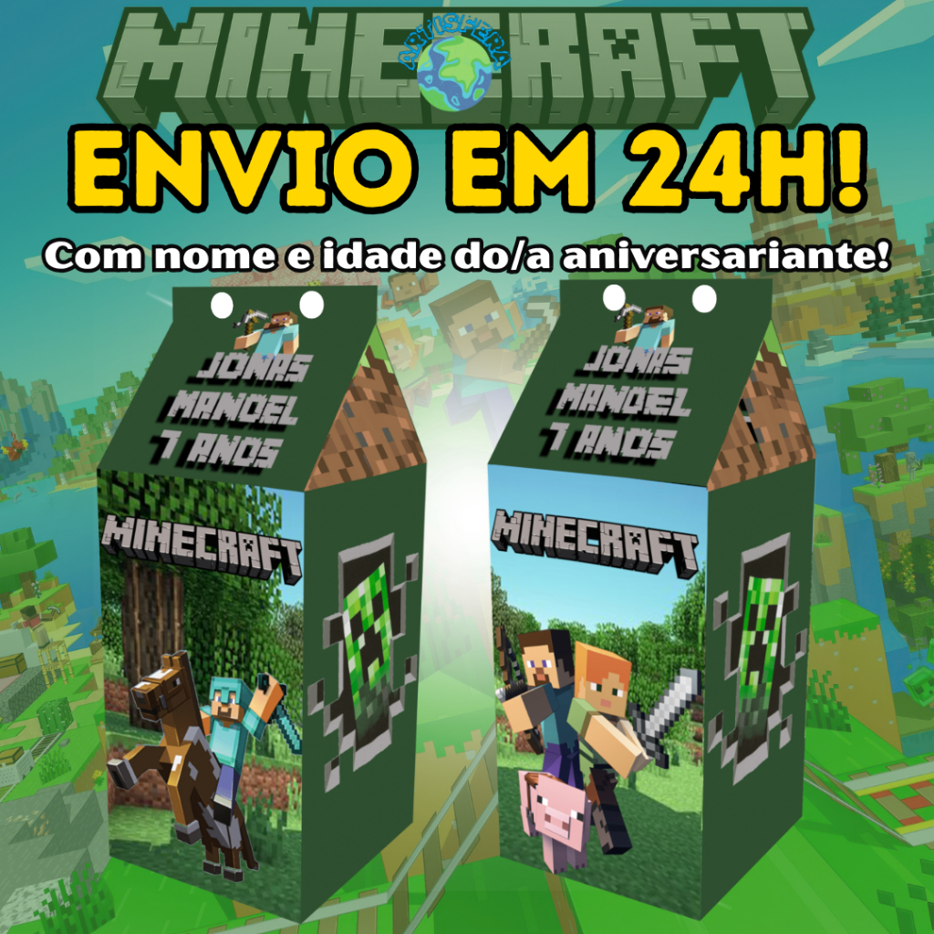 Caixinhas Surpresa Milk Minecraft Personalizadas com Nome e Idade Para Festas De Aniversário e Lembrancinha