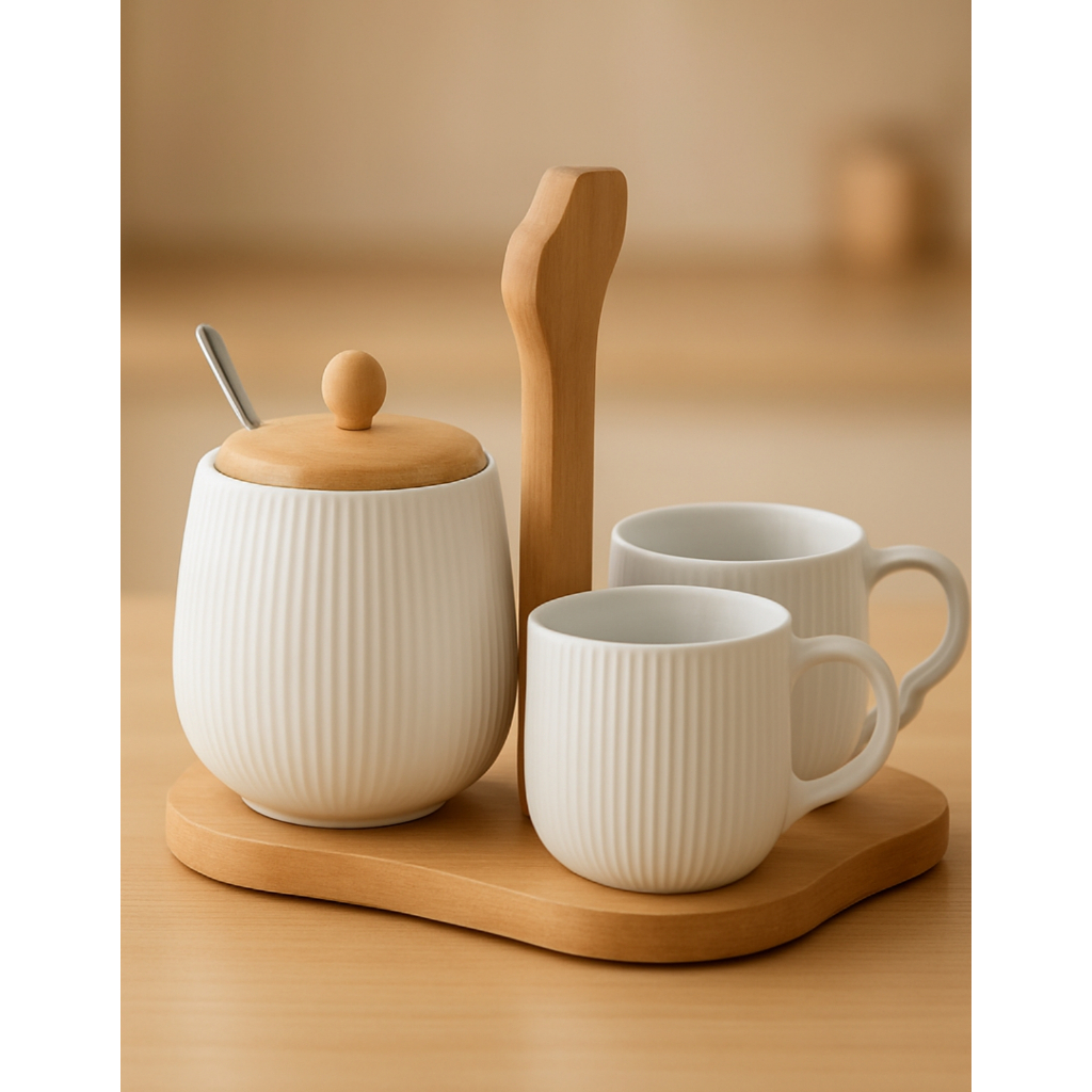 Jogo De 2 Xicaras Com Açucareiro Ceramica Suporte de Bambu 4 Peças