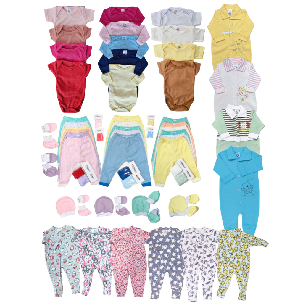 Kit Enxoval de Bebê Completo 8 ou 15 peças com Body, Mijão, Macacão, Touca, luva e Meias