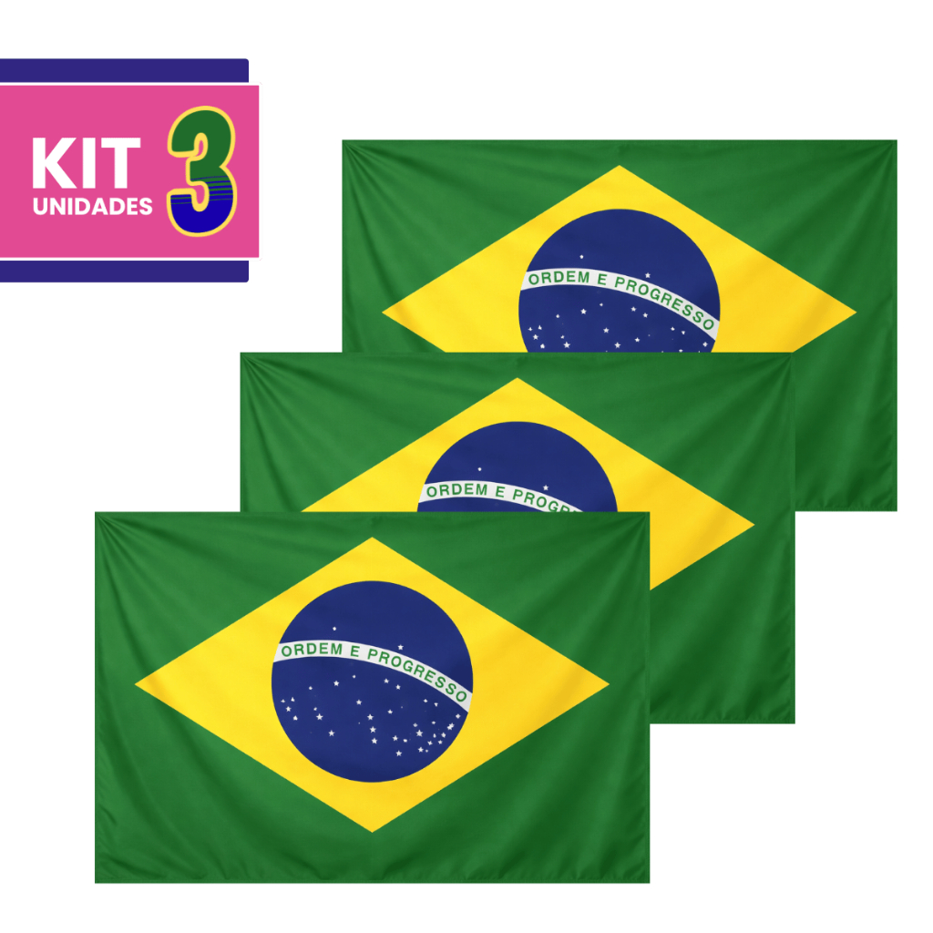 Kit com 3 Bandeiras do Brasil 1,50m x 0,95m em Cetim Charmousse Copa do Mundo