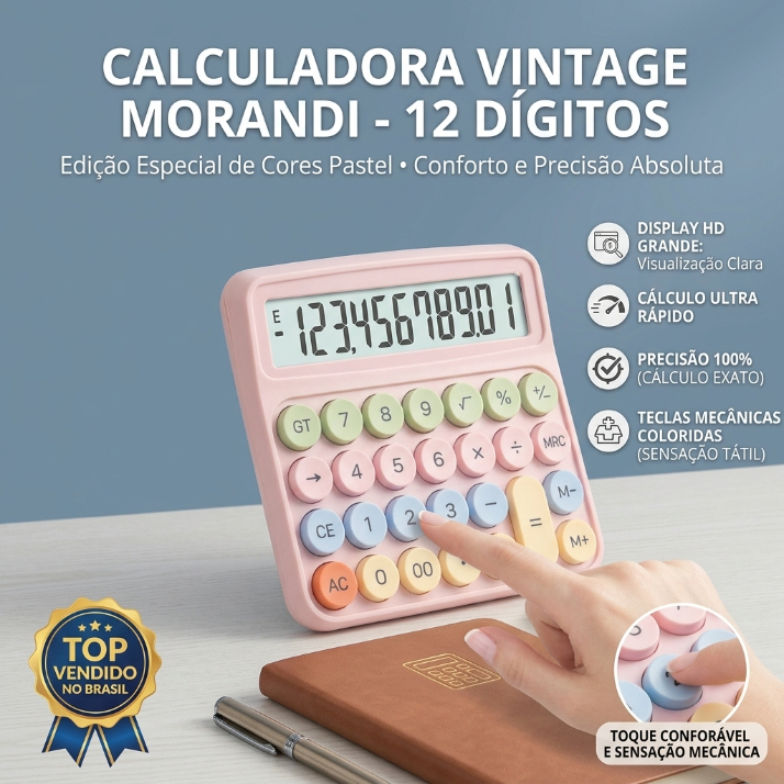 Calculadora 12 Dígitos Vintage Morandi com Teclas Mecânicas Coloridas – Display Grande HD + Cálculo Rápido 100% Preciso