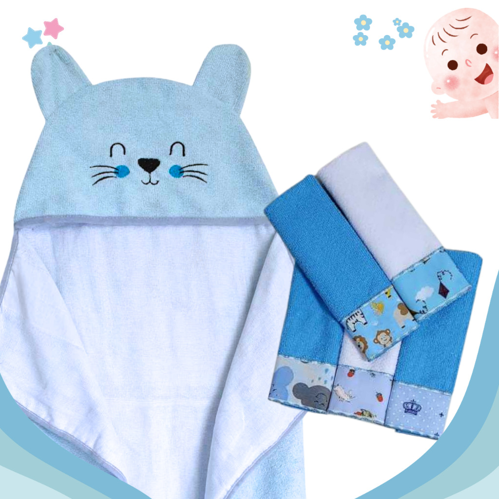 Kit Banho Bebê 6 Peças 1 Toalha Carinha Bordada E 5 Toalhinhas Ombro Overlocadas
