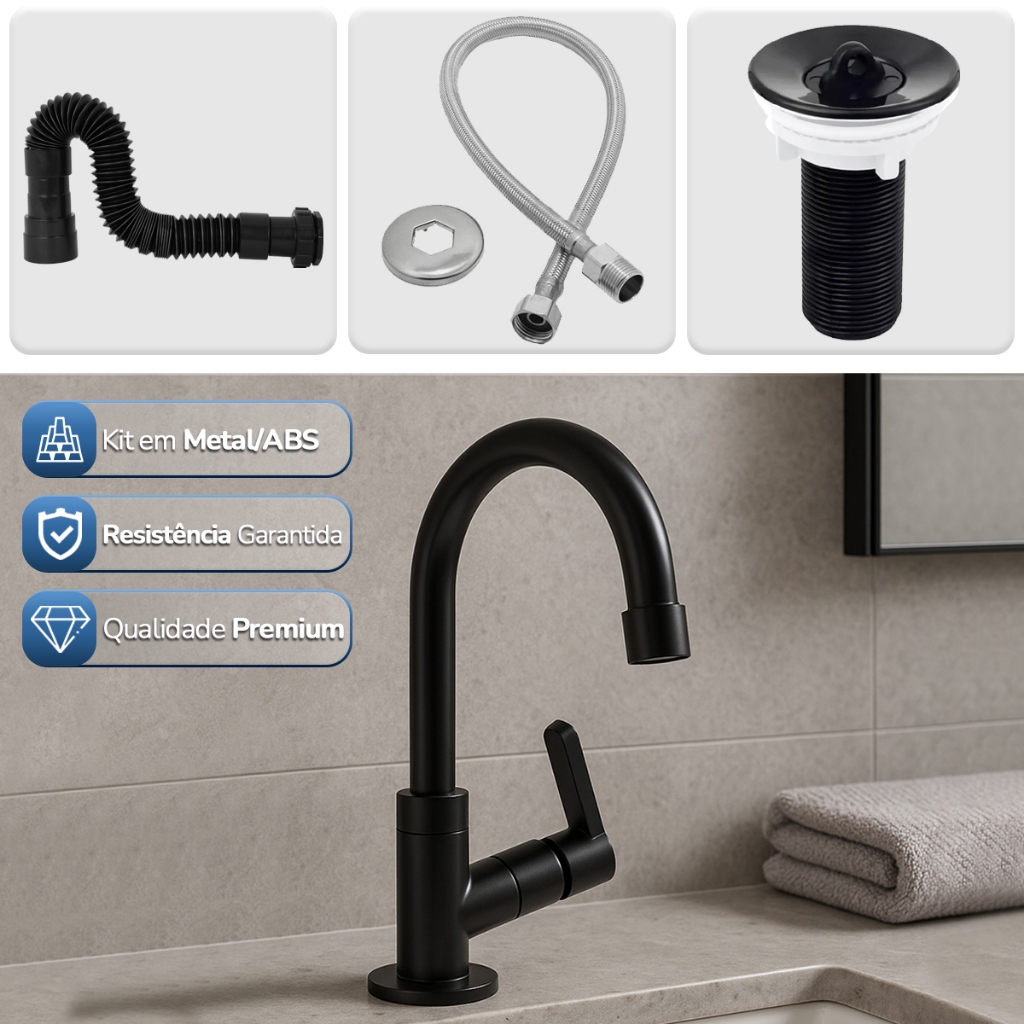 Cuba Lavatório Torneira Pia de Banheiro Preta ABS + Válvula 7/8 ABS + Sifão Preto + Engate 60cm em Oferta na Shopee