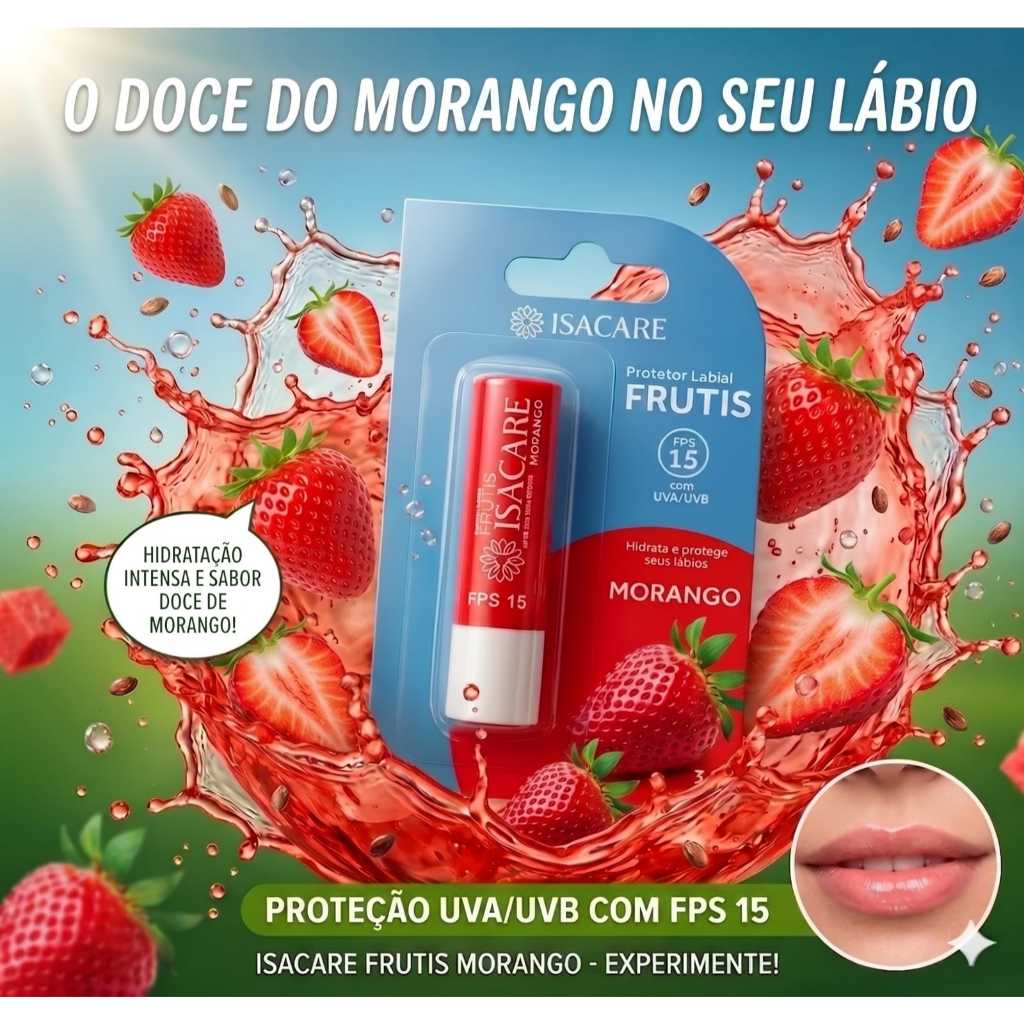 Protetor hidratante Incolor Labial sabor  morango Isacare fator solar 15 hidrata e protege