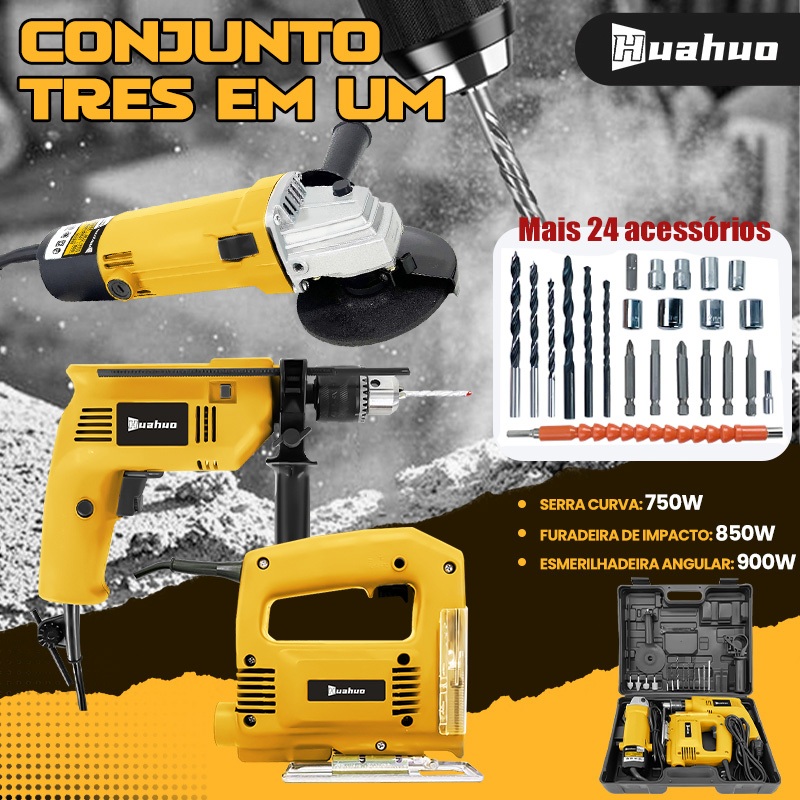 Kit De Ferramentas 3 Em 1 Furadeira de impacto/Lixadeira Esmerilhadeira/Serra Tico Tico + Acessórios